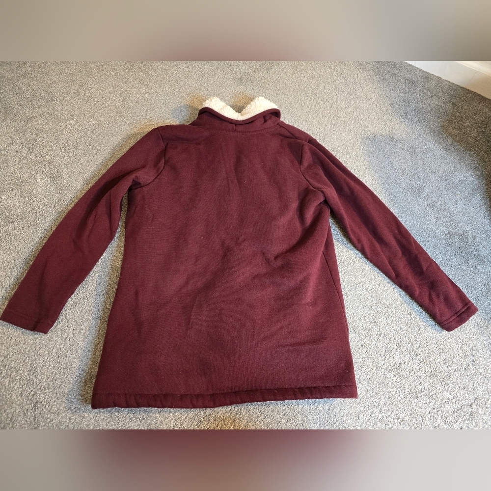 L.L. Bean Sherpa Lined Deep Wine Small Petite Fall Cozy Open Front Cardigan - Picture 10 of 12